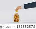 Hand put coin in clear glass jar or piggy bank, saving money concept, 3D rendering. 131852578