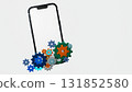 Smartphone with gear and cog wheels, maintenance, install application update, 3D rendering. 131852580