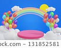 Rainbow with cloud sun and balloon in the blue sky, background for summer camp 3D rendering. 131852581