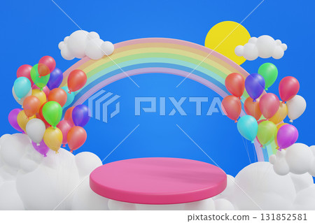 Rainbow with cloud sun and balloon in the blue sky, background for summer camp 3D rendering. Rainbow with cloud sun and balloon in the blue sky, background for summer camp 3D rendering. 131852581