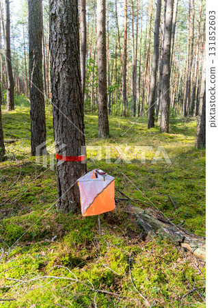 A prism marker and electronic composter at an orienteering control point A prism marker and electronic composter at an orienteering control point 131852603
