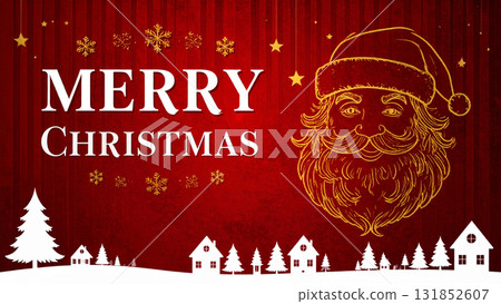 Red Christmas background with golden Santa Claus and winter cityscape / Classic and warm holiday design 131852607