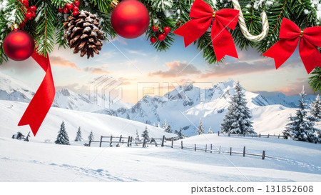 Snowy mountain scenery decorated with red ribbons and ornaments / Gorgeous and bright Christmas background material 131852608