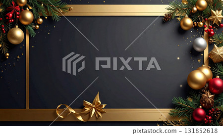 Luxurious Christmas background decorated with a black and gold frame / Chic and modern winter design material Luxurious Christmas background decorated with a black and gold frame / Chic and modern winter design material 131852618