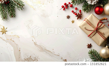 Marble-style Christmas background with gift boxes and pine branches / Natural and sophisticated winter design material 131852621