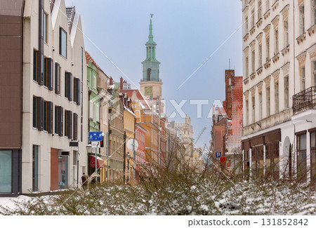 Winter street view of Poznan Town Hall tower Poland Winter street view of Poznan Town Hall tower Poland 131852842