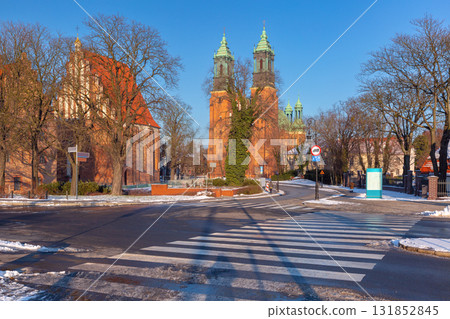Winter street view of Archcathedral Basilica in Poznan Poland 131852845