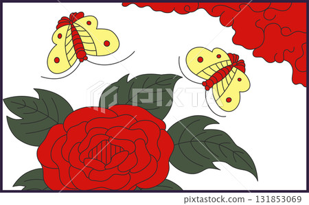Horizontal Hanafuda single icon: Peony and butterfly Horizontal Hanafuda single icon: Peony and butterfly 131853069