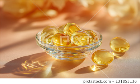 Supplement capsules in a glass container. The light and shadows are beautiful, like the afternoon sun. Supplement capsules in a glass container. The light and shadows are beautiful, like the afternoon sun. 131853136