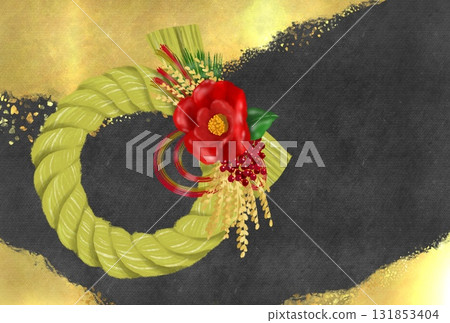 A luxurious New Year's card background material with a beautiful camellia shimenawa decoration and gold leaf and black Japanese paper A luxurious New Year's card background material with a beautiful camellia shimenawa decoration and gold leaf and black Japanese paper 131853404