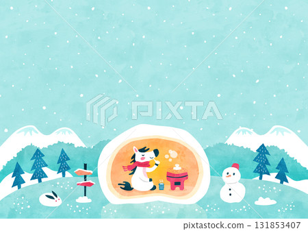 背景插圖：一匹馬在雪屋裡吃年糕。冬雪的自然風景（水彩風格） 131853407