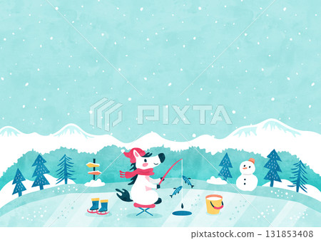 Background illustration of horse smelt fishing Winter snowy landscape natural scenery (watercolor style) Background illustration of horse smelt fishing Winter snowy landscape natural scenery (watercolor style) 131853408