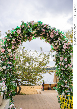 Floral arch by the lake romantic outdoor wedding location 131853738