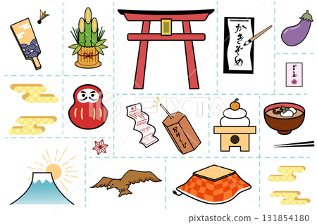 New Year's lucky charms and traditional New Year's motif set | Kadomatsu, Daruma, Mt. Fuji, Hawk, Kagami mochi, Torii gate 131854180