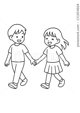 Two friendly men and women holding hands. Line drawing illustration 131854604