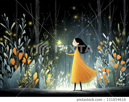 一名女子在星光和魔法粒子的夜空中翩翩起舞的場景 一名女子在星光和魔法粒子的夜空中翩翩起舞的場景 131854616