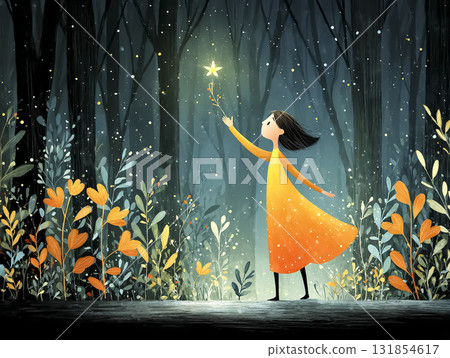 一名女子在星光和魔法粒子的夜空中翩翩起舞的場景 131854617