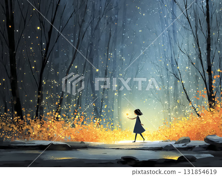 一名女子在星光和魔法粒子的夜空中翩翩起舞的場景 一名女子在星光和魔法粒子的夜空中翩翩起舞的場景 131854619