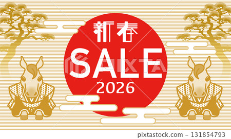 2026 年新年促銷設計模板 - 日式馬角色與初升日出 131854793