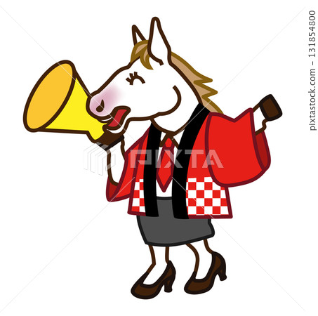 A female store clerk-style horse attracting customers. Year of the Horse New Year's sale promotional material. 131854800