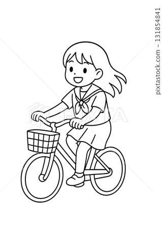 Line drawing illustration of a girl in a uniform riding a bicycle Line drawing illustration of a girl in a uniform riding a bicycle 131854841