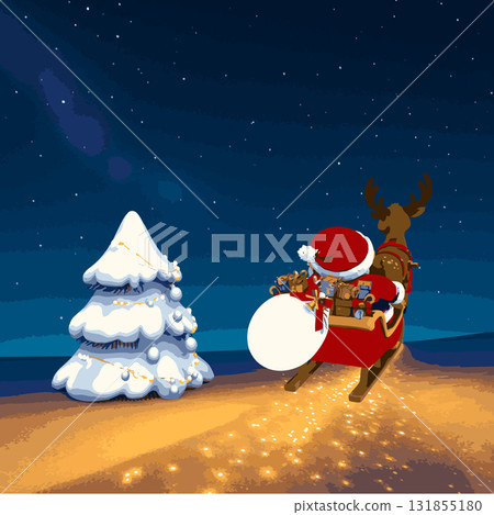 聖誕插畫：聖誕老公公和他的馴鹿在聖誕夜帶著禮物飛過夜空 131855180