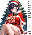 Christmas image: Girl in Santa costume enjoying Christmas. Anime, manga, white background. AI-generated. 131855599