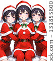 Christmas image: Three girls in Santa costumes enjoying Christmas, smiling, white background, AI-generated 131855600