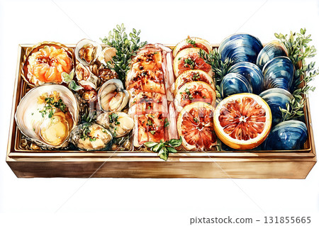 Hand-drawn watercolor illustration of New Year's food 131855665
