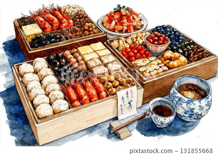 Hand-drawn watercolor illustration of New Year's food 131855668