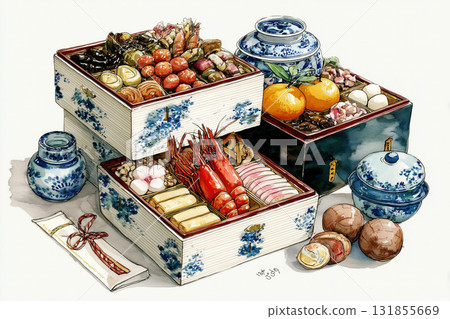 Hand-drawn watercolor illustration of New Year's food 131855669