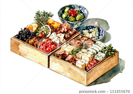 Hand-drawn watercolor illustration of New Year's food 131855670