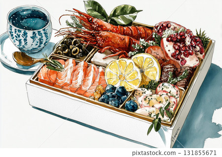 Hand-drawn watercolor illustration of New Year's food 131855671