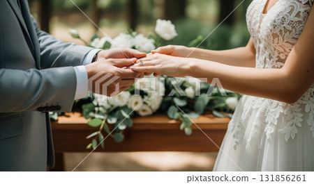 Groom placing a wedding ring on his bride finger during an intimate outdoor ceremony Groom placing a wedding ring on his bride finger during an intimate outdoor ceremony 131856261