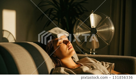 Young woman with cold compress on forehead, seeking relief from extreme summer heat 131856336