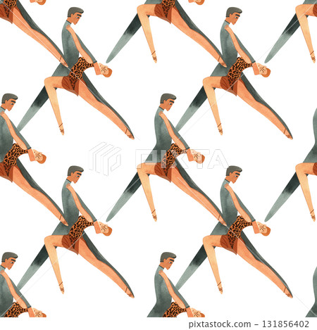 Dancing as a hobby for adults. ProAm in a dance studio. Seamless watercolor pattern for textile and fabric design for training dresses, bodysuits and suits. Merch for a dance studio. 131856402