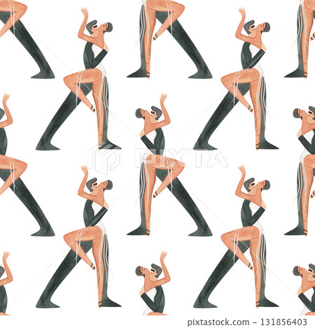 Couples on the parquet dancing La. Professional dancers on the performance. Seamless watercolor pattern for the design of the corporate identity of the brand of the dance school for adults. Couples on the parquet dancing La. Professional dancers on the performance. Seamless watercolor pattern for the design of the corporate identity of the brand of the dance school for adults. 131856403