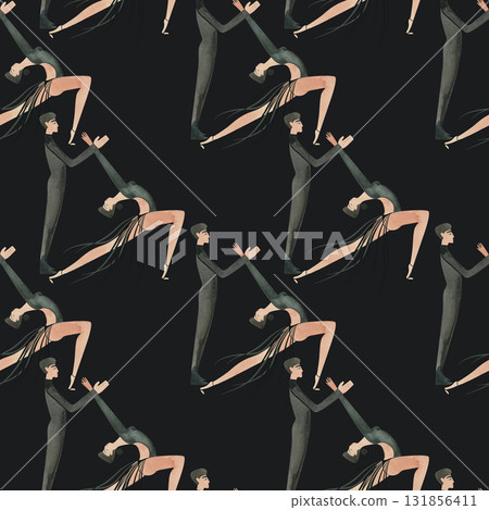 Dancing as a hobby for adults. ProAm in a dance studio. Seamless watercolor pattern for textile and fabric design for training dresses, bodysuits and suits. Merch for a dance studio. Dancing as a hobby for adults. ProAm in a dance studio. Seamless watercolor pattern for textile and fabric design for training dresses, bodysuits and suits. Merch for a dance studio. 131856411