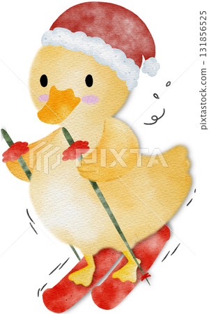 Cute yellow duckling with Christmas decorations and roller skates. Christmas illustration of a yello Cute yellow duckling with Christmas decorations and roller skates. Christmas illustration of a yello 131856525