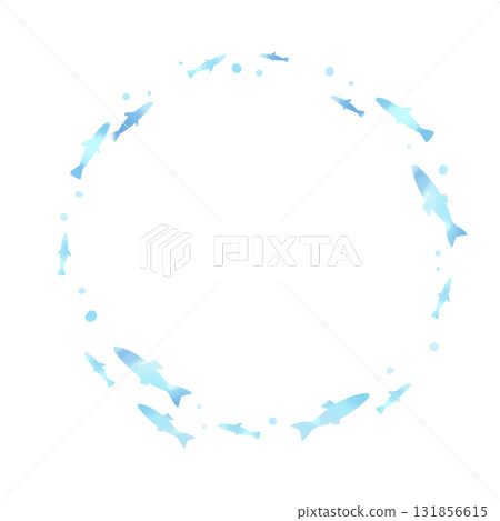 Watercolor style blue circular frame with swimming fish 131856615