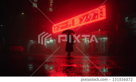 person standing under glowing red neon sign in rain, creating moody atmosphere. wet pavement reflects vibrant colors, enhancing urban night scene 131856872