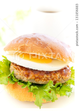 Delicious Tsukimi Hamburger and Hot Coffee 131856883