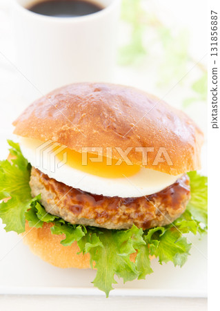 Delicious Tsukimi Hamburger and Hot Coffee 131856887