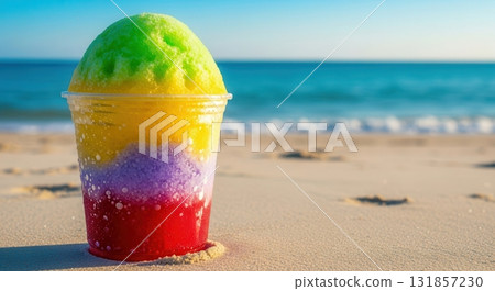 Vibrant multi layered shaved ice drink in a clear cup on a sunny beach with ocean waves 131857230