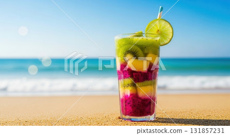Vibrant layered tropical smoothie with kiwi, mango, dragon fruit on sunny beach 131857231