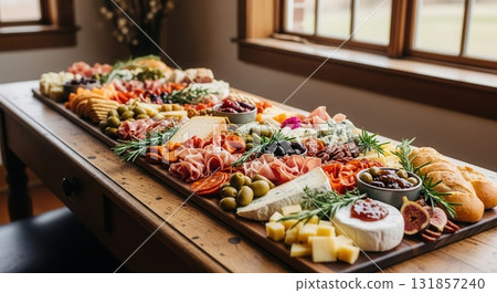 Lavish charcuterie and cheese board spread with cured meats, olives, and fresh figs on a wooden table Lavish charcuterie and cheese board spread with cured meats, olives, and fresh figs on a wooden table 131857240