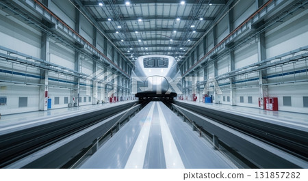Futuristic silver high speed maglev train prototype on test track in modern facility 131857282