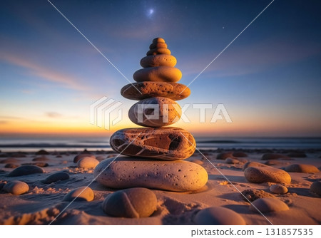 Irregular stones piled up on the beach and the night sky 131857535