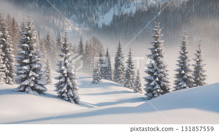 Christmas snowy forest landscape with frosty fir trees and soft sunlight in mountains. Peaceful winter scene with deep snow and misty background. Christmas snowy forest landscape with frosty fir trees and soft sunlight in mountains. Peaceful winter scene with deep snow and misty background. 131857559