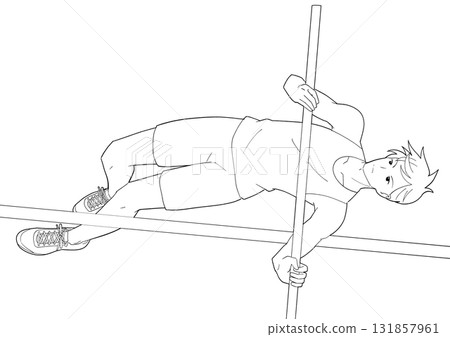 Black and white illustration of a boy pole vaulting Black and white illustration of a boy pole vaulting 131857961